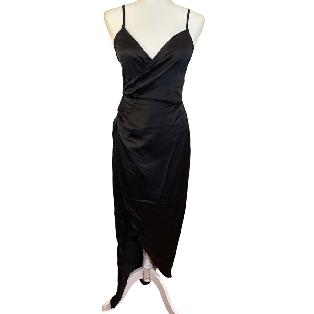 Womens Petite Black Satin Wrap Detail Maxi Dress Side Slit Sexy Feminine - 6